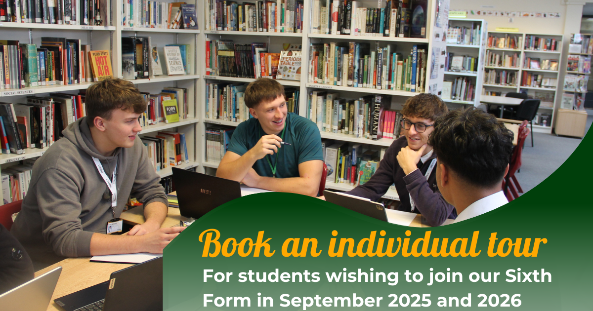 Image of students in library with the words 'book an individual tour'